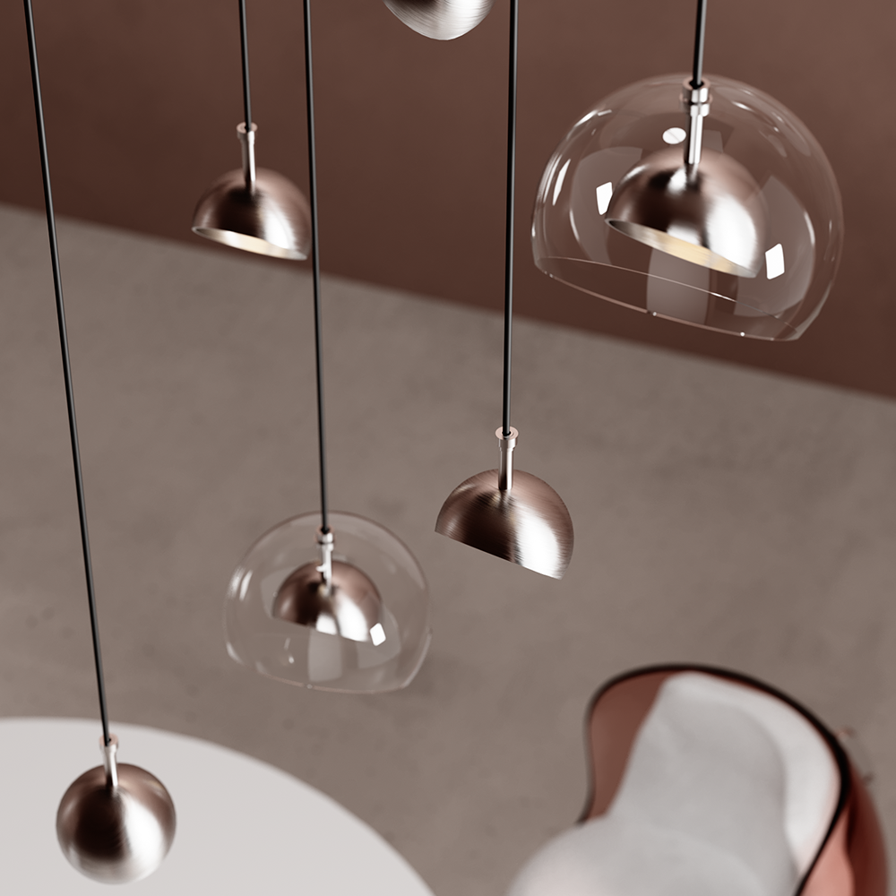 در تصویر بخشی از یک میز و صندلی به وسیله ۷ نور معمارانه اسپورز که برنده جایزه طراحی شده اند روشن شده است. این نورها توسط الورا طراحی شده است